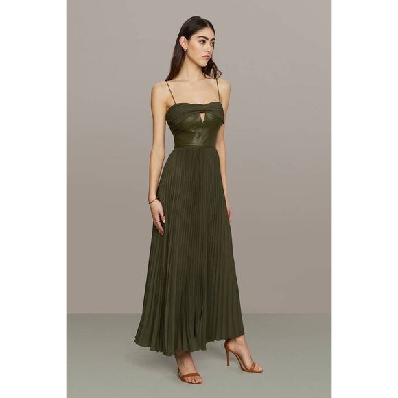 AMUR Linda Leather Crepe Midi Dress Olive Green 8 Sleeveless Cocktail Fit Flare - Picture 3 of 7